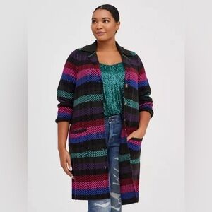 Torrid Womens 2 2X Coatigan Collared Sweater Jacket Black Pink Striped